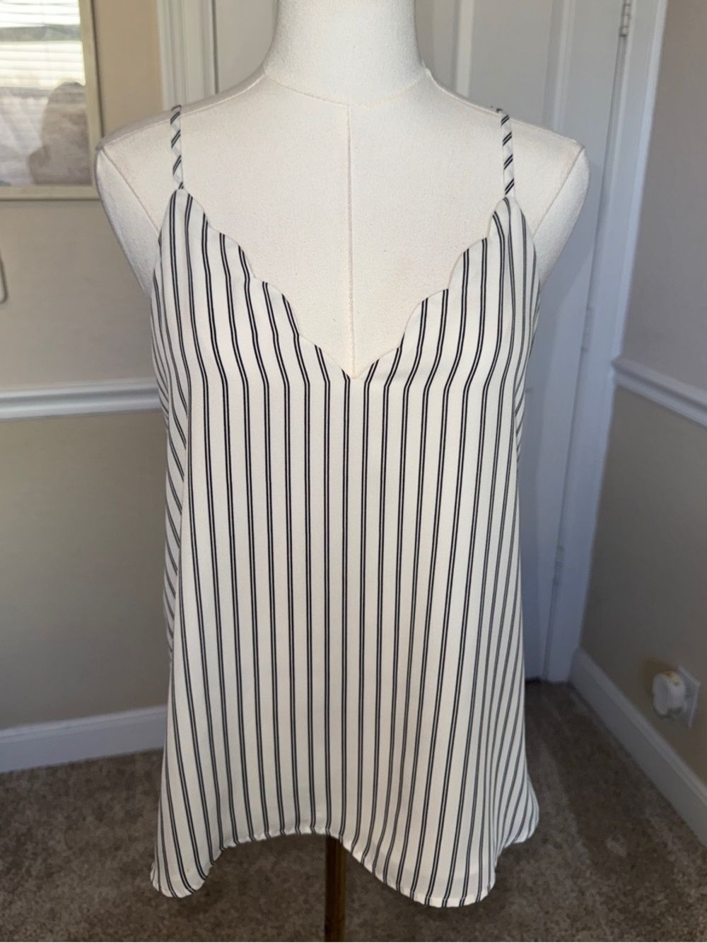 Striped White/Black V-Neck Spaghetti Strap Tank Top w/ Scallop Cut